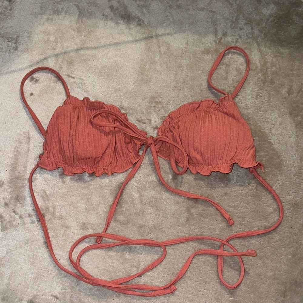 Pink lettuce trim Ribbed Bikini Top